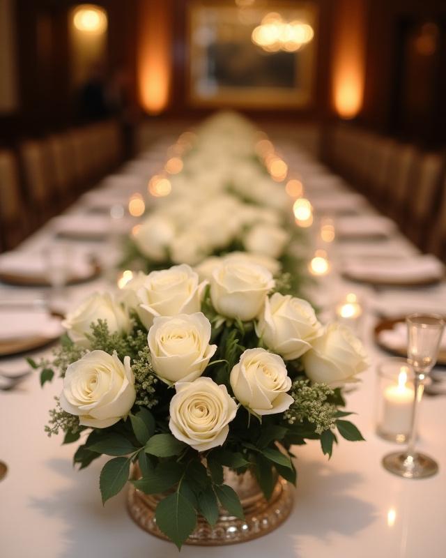 Elegante Tischdekoration mit weißen Rosen für ein Abend-Event