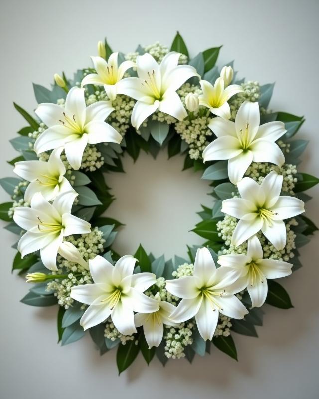 Würdevoller Trauerkranz mit weißen Lilien und Eukalyptus